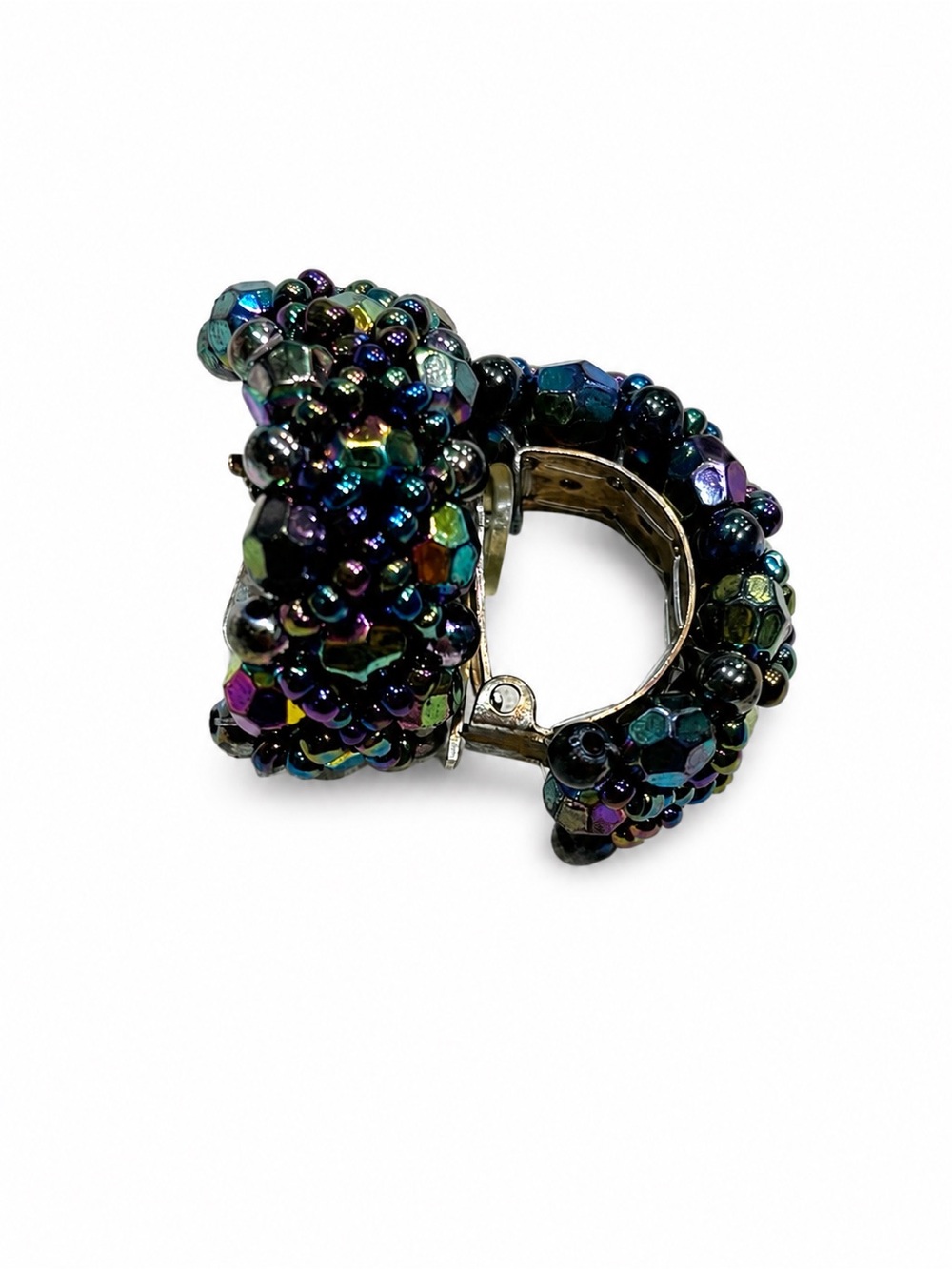 Vintage Iridescent Aurora Borealis Beaded Clip-On Hoop Earrings Statement Costum